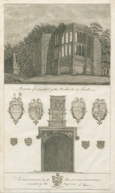 Tixall Hall - Gotisches Fenster und heraldische Antiquitäten: Gravur, undatiert [1762-1802] von Stebbing Shaw