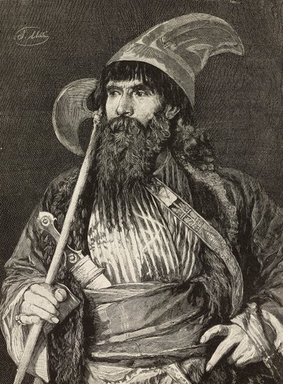 Scheich in voller Montur, Gravur von F. Gamberoni nach einem Gemälde von Stefano Ussi, L