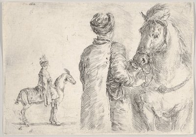 Ein polnischer Diener, von hinten gesehen, hält das Zaumzeug eines Pferdes, ca. 1662 von Stefano della Bella