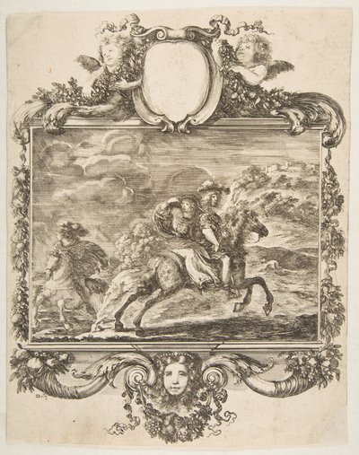 Ein Kavalier und eine Dame zu Pferd, innerhalb eines verzierten Rahmens mit Früchten von Stefano della Bella
