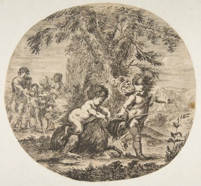 Ein Kind und ein Satyrkind spielen mit einer Ziege, ca. 1657 von Stefano della Bella
