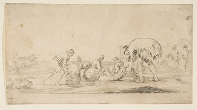 Ein Fischer bringt seine Netze ein, ein Mann links schiebt einen Ballen nach rechts, zwei sitzende... (ca. 1662) von Stefano della Bella