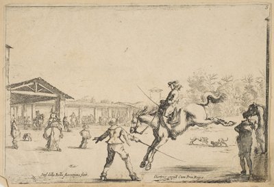 Eine Reitschule, ein Reiter mit Schwert springt, geleitet von einem anderen Mann mit Schwert, ca. 1645 von Stefano della Bella