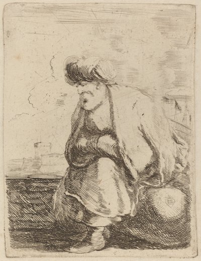 Ein alter Türke mit Turban, auf einem Felsen sitzend von Stefano della Bella