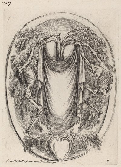 Kartusche in Form eines von einem Zypressenbaum hängenden Tuchs, flankiert von Skeletten von Stefano della Bella