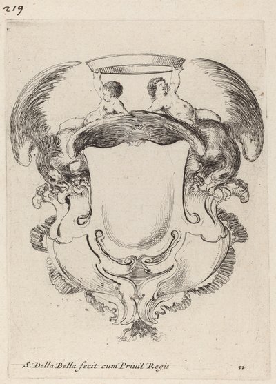 Kartusche mit Adlern und zwei Säuglingen, die eine Krone halten von Stefano della Bella