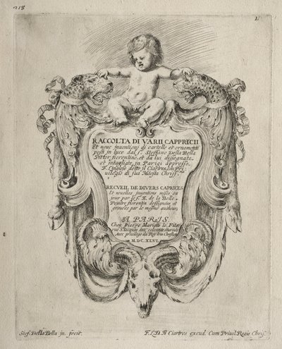 Sammlung verschiedener Capricen und neuer Entwürfe von Kartuschen und Ornamenten: Nr. 1, Titelseite von Stefano della Bella