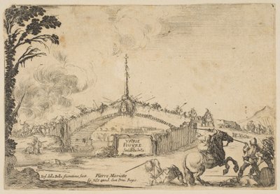 Kampf auf einer Brücke, ein Reiter und zwei Fußsoldaten kämpfen mit Schwertern unten rechts, ca. 1645 von Stefano della Bella