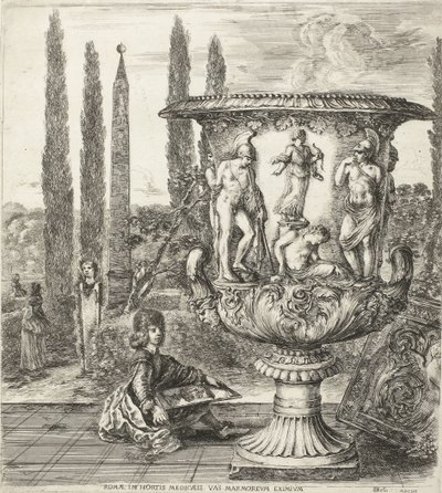 Der junge Cosimo III. de Medici zeichnet die Medici-Vase Romae, in hortis Medicaeis marmoreum eximium (Titel auf Objekt) Ansichten von Rom und Umgebung (Serientitel) Six grandes vues, dont quatre de Rome et deux de la Campagne romaine (Serientitel) von Stefano della Bella