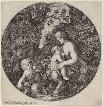 Weiblicher Satyr, der ein Kind in einer bewaldeten Landschaft stillt von Stefano della Bella