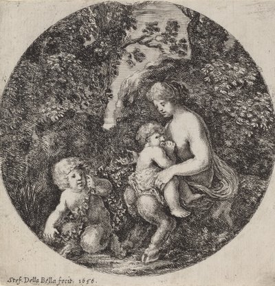 Weiblicher Satyr, der ein Kind in einer bewaldeten Landschaft stillt, 1656 von Stefano della Bella