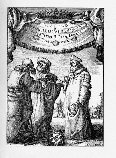 Frontispiz des Dialogs über die zwei wichtigsten Weltsysteme von Galileo Galilei, 1632 von Stefano della Bella