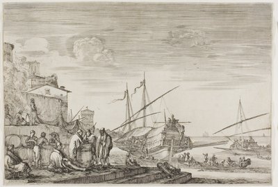 Ansichten des Hafens von Livorno: Häuser mit Blick auf einen Hafen von Stefano della Bella