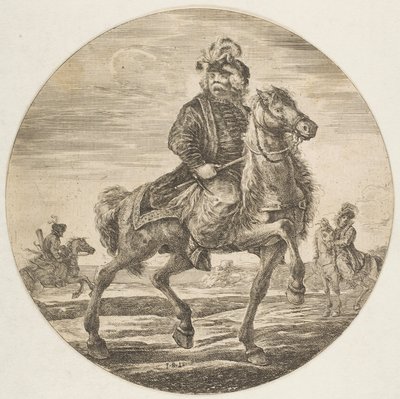 Ungarischer Reiter reitet nach rechts, andere Reiter im Hintergrund von Stefano della Bella