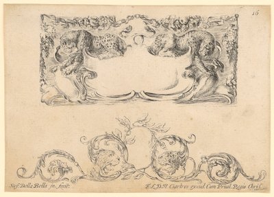 Kartusche mit zwei Leoparden, unten ornamentaler Fries mit zwei Leopardenköpfen von Stefano della Bella