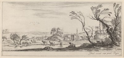 Landschaft mit Bauer, der sich auf das Überqueren eines Baches vorbereitet von Stefano della Bella