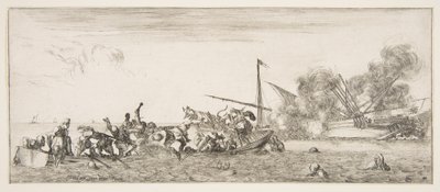 Seeschlacht, ein Ruderboot voller Menschen kämpft mit Musketen nach links, Menschen ertrinken..., um 1641 von Stefano della Bella