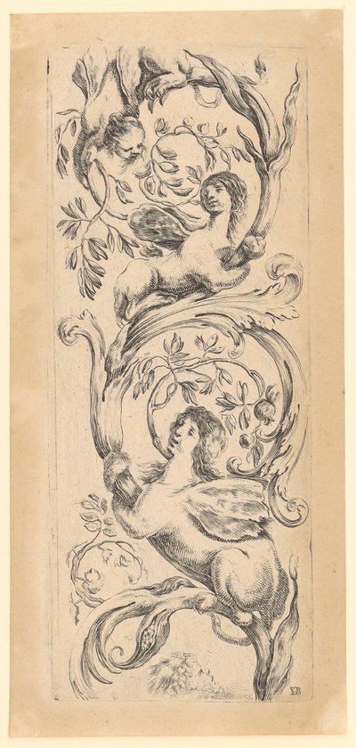 Ornamentales Panel mit drei Sphinxen, Blatt 3 der Folge "Ornamente oder Grotesken" von Stefano della Bella