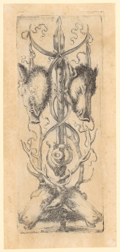 Ornamentales Panel mit zwei Windschweinköpfen oben, zwei Hirschköpfen unten und einem Horn in der Mitte, Blatt 8 der Folge "Ornamente oder Grotesken" von Stefano della Bella