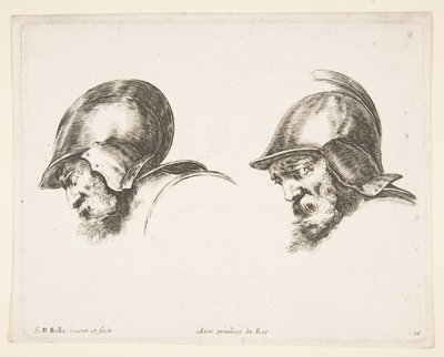 Tafel 10: zwei Köpfe alter Soldaten mit Helmen, beide nach links blickend und nach unten schauend..., ca. 1641 von Stefano della Bella
