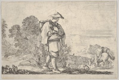 Tafel 11: ein Bauer mit Hut in der Mitte, der nach rechts geht, ein Pferd steigt hinab, ca. 1641 von Stefano della Bella