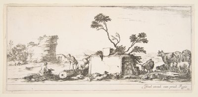 Blatt 12: Ein sitzender Zeichner links, ein stehender Schäfer rechts neben ihm, Ruinen im Hintergrund, ca. 1641 von Stefano della Bella