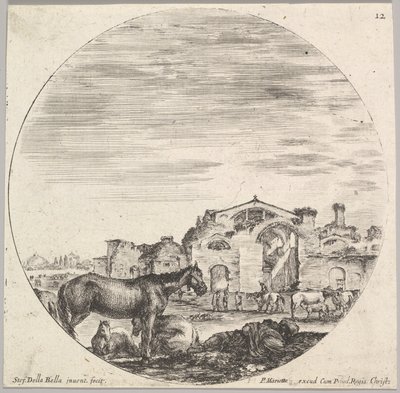 Tafel 12: Ein schlafender Hirte auf dem Boden rechts, drei Pferde links, andere h..., ca. 1643-48 von Stefano della Bella