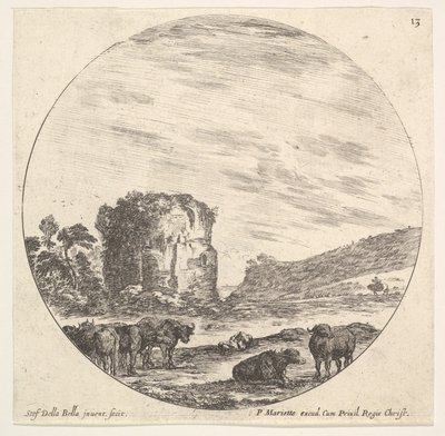 Platte 13: Ruinen eines antiken Tempels im Hintergrund, eine Herde Kühe im Vordergrund, ca. 1643-48 von Stefano della Bella