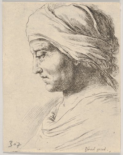 Tafel 16: Kopf eines alten Mannes im Profil mit einem um den Kopf gebundenen Tuch, aus The B..., ca. 1649 von Stefano della Bella