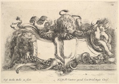 Platte 18: ein Kartusche mit einem leeren Wappen, zwei Löwinnen, eine links und eine in der Mitte, 1646 von Stefano della Bella