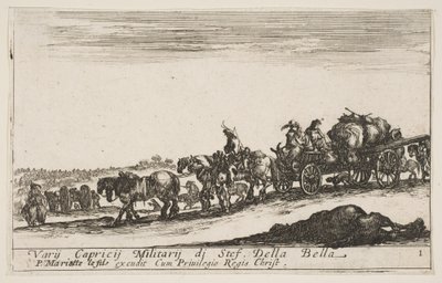Tafel 1: Ein Pferdewagen, der Menschen und Güter transportiert, totes Pferd im Vordergrund, ca. 1641 von Stefano della Bella
