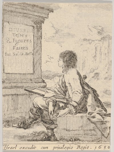 Platte 1: ein junger Mann sitzt auf einem Stein, nach links im Profil, hält ein Zeichenbrett (1650) von Stefano della Bella