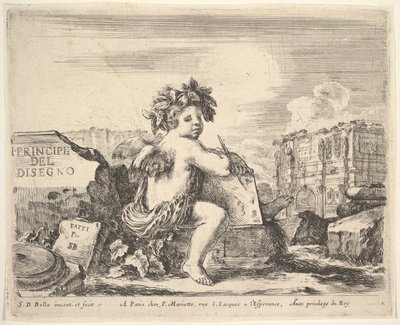 Tafel 1: das Genie des Zeichnens, ein Kind mit Flügeln, das in der Mitte auf einem Felsen sitzt und sich umdreht..., ca. 1641 von Stefano della Bella