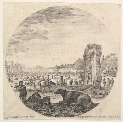 Tafel 2: Campo Vaccino, ein Büffel und zwei Hirten in der Mitte, der Fontanone rechts, ca. 1643-48 von Stefano della Bella