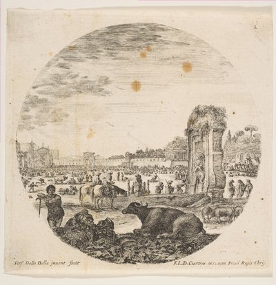 Tafel 2: Campo Vaccino, ein Büffel und zwei Hirten in der Mitte, der Fontanone rechts, ca. 1646 von Stefano della Bella