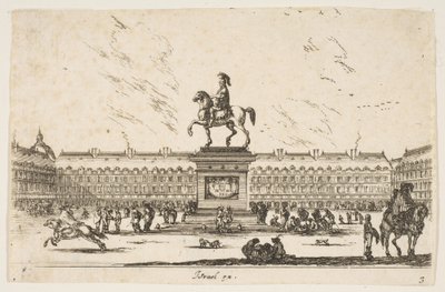 Platte 3: La Place Royale, Reiterstatue von Ludwig XIII. im Profil nach links im Zentrum..., 1642 von Stefano della Bella