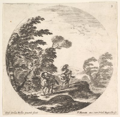 Tafel 3: Ein Sturm im Wald, zwei Reiter in ihren Mänteln eingehüllt, der Wind bläst, ca. 1643-48 von Stefano della Bella
