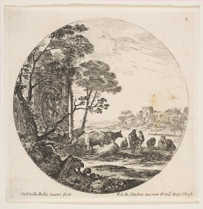 Platte 4: ein korinthisches Kapitell auf dem Boden links, ein Denkmal mit Figuren im Flachrelief, ca. 1646 von Stefano della Bella