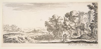Tafel 4: zwei Pilger beobachten Ruinen rechts, einer zeigt nach rechts, ein Hirte..., ca. 1641 von Stefano della Bella