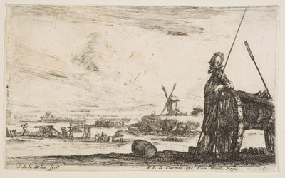 Tafel 5: Ein Pikenier steht rechts neben einer Kanone, andere Militärfiguren von Stefano della Bella