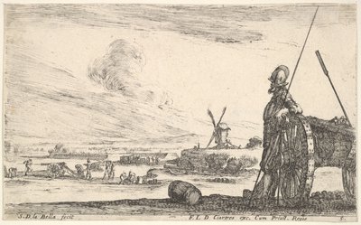 Platte 5: Ein Pikenier steht rechts neben einer Kanone, andere Militärfiguren im Hintergrund, ca. 1641 von Stefano della Bella