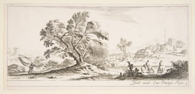 Tafel 6: ein Fischer trägt ein Netz nach links, zwei Reiter in einem Bach rechts, ein Baum von Stefano della Bella