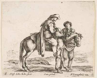 Platte 6: ein Bauer zu Pferd im Profil nach rechts gewandt, hält einen Korb von Stefano della Bella
