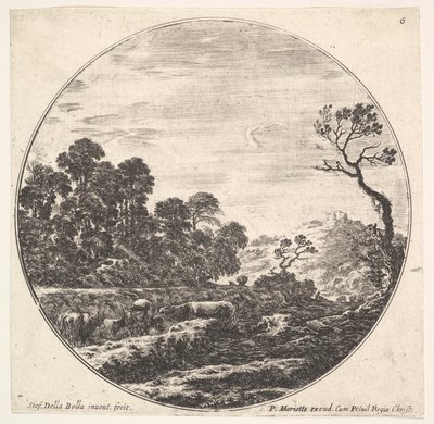 Kühe überqueren ein Tal nach links, eine Gruppe von Bäumen links, ein Reiter und o..., ca. 1643-48 von Stefano della Bella
