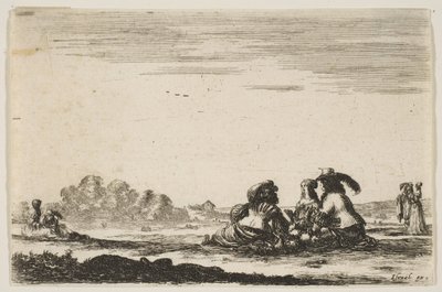 Tafel 7: Zwei Edelleute sitzen in der Mitte, von hinten gesehen, im Gespräch mit einer Edeldame, 1642 von Stefano della Bella