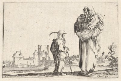 Tafel 7: eine Bäuerin trägt ein Kind nach rechts und spricht mit einem anderen Kind, das steht..., ca. 1642 von Stefano della Bella