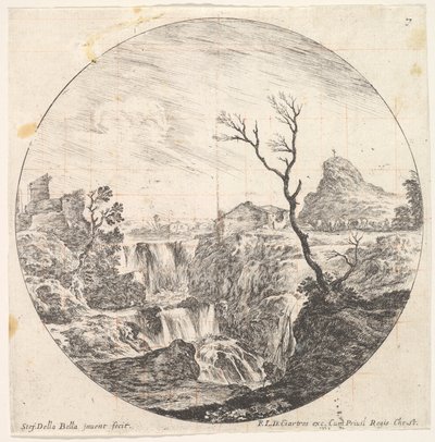 Tafel 7: ein dreifacher Wasserfall, ein toter Baum rechts, ein Berg und eine Herde Kühe, ca. 1643-48 von Stefano della Bella