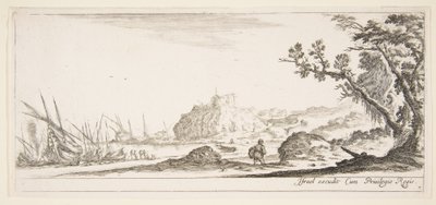 Tafel 7: Verschiedene Boote am Ufer links, ein Mann trägt eine Tasche, von hinten gesehen, ca. 1641 von Stefano della Bella