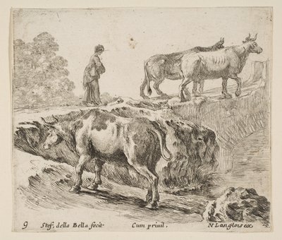 Tafel 9: eine Kuh steigt einen Abhang hinauf, eine Bäuerin führt zwei Kühe über eine Brücke, ca. 1644-47 von Stefano della Bella