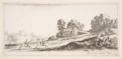 Zwei Reiter galoppieren nach rechts, ein Pferd und ein sitzender Mann, ca. 1641 von Stefano della Bella